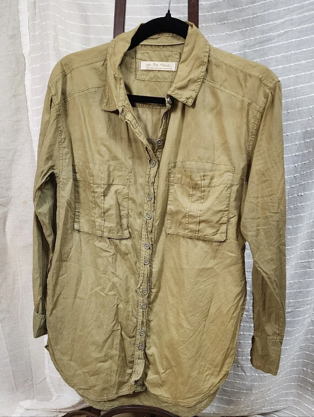 Free People‎ Olive Green Button-Down Utility Shirt Turn Cuffs W Button Details